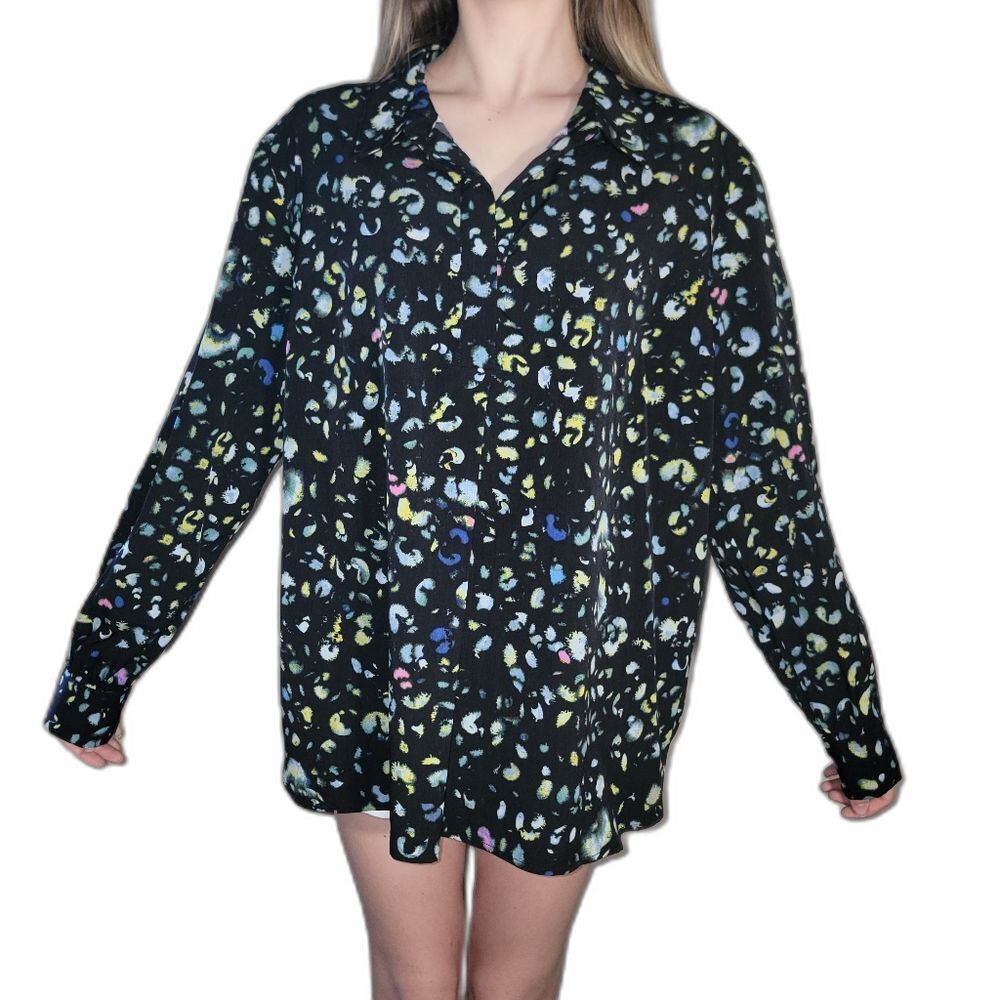 Investments Womens Size XL Black Abstract Print V Neck Long Sleeve Pulliver Top
